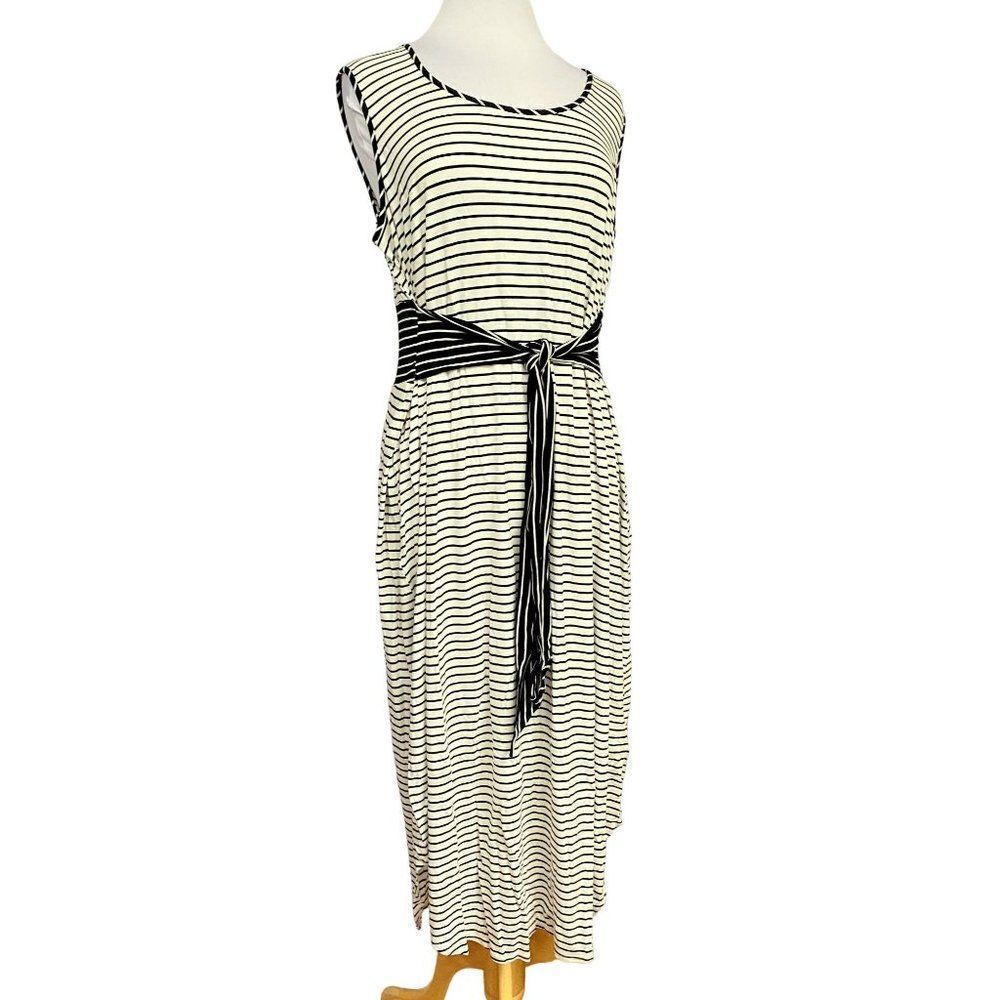 London Times Woman Black & White Nautical Stripe Tie Waist Tank Dress Sz 3X NEW